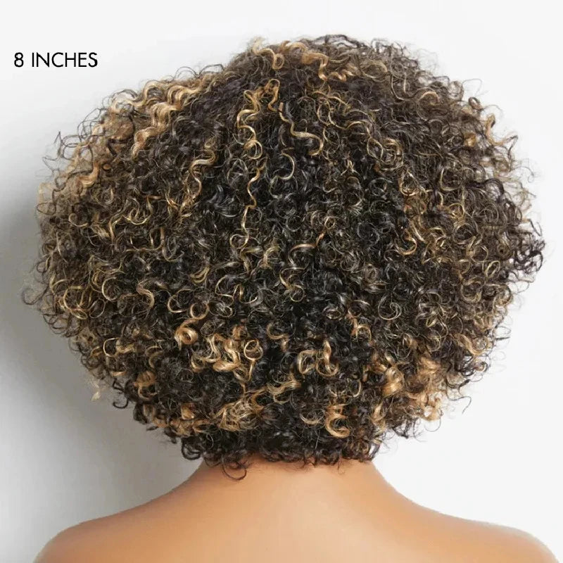 Short Honey Blonde Bob, Kinky Curly, Brown with Ombre Highlights, 5x7 Lace Classic Closure, Human Hair Wigs for Women