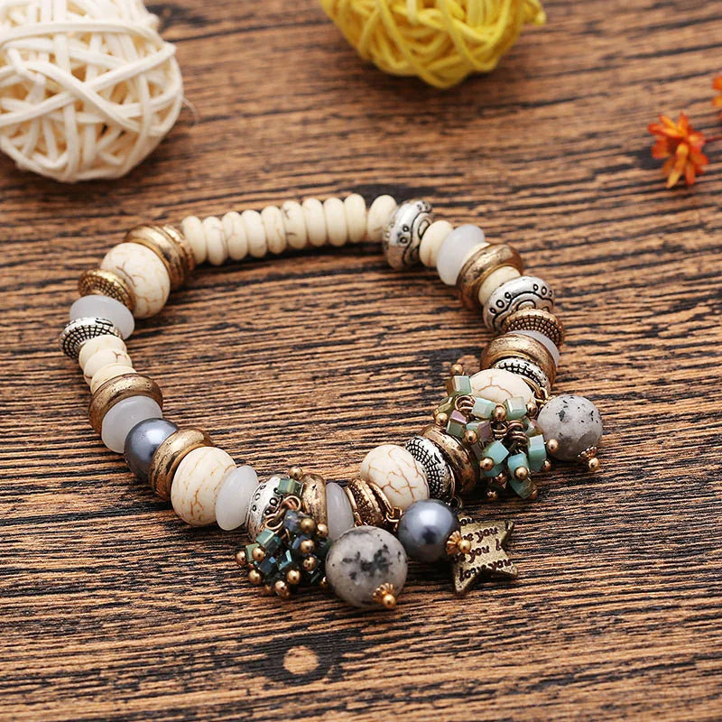 Natural Stone Bracelets - Gold Color Metal, Star Charm, White Beads, Elastic Bracelet. Luxury Fashion Jewelry Bracelets for Women