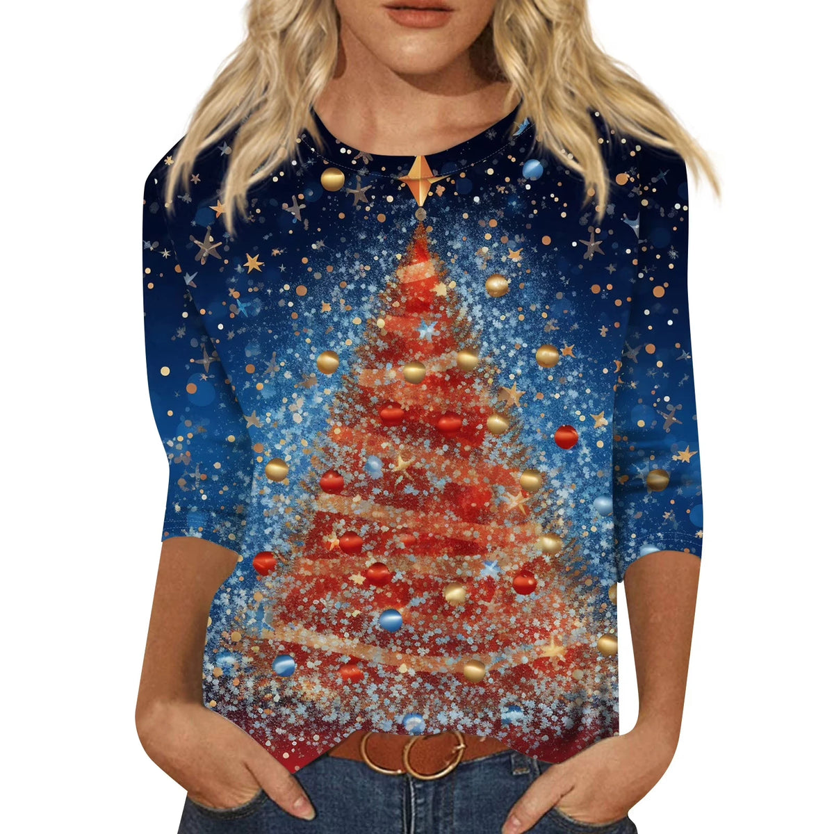 Christmas Limited Edition Women's 3D Red Snowflake Print Round Neck Long Sleeve T-shirt Fashion Casual Long Sleeve Top