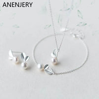 Silver Color Sweet Bud Leaf Simulated Pearl Necklace+Earrings+Bracelet for Women - 3 Pcs Jewelry Sets
