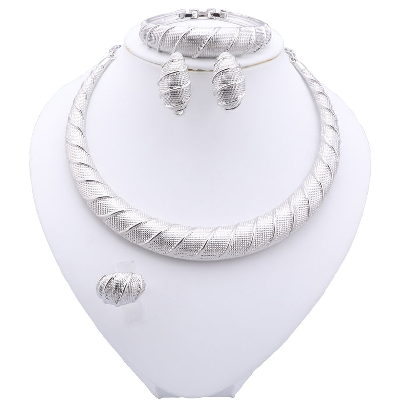 Dubai Women's Jewelry Sets, Silver Plated Necklace, Bracelet, Earrings and Ring Set. African Bridal Wedding, Gifts