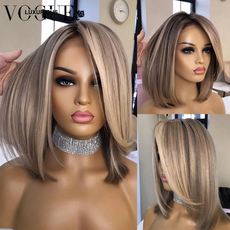 Ash Blonde Bob, Wear & Go Wigs - Lace Front Human Hair Wigs, Glueless 4x4/13x6 Grey Brown Highlights, 180%