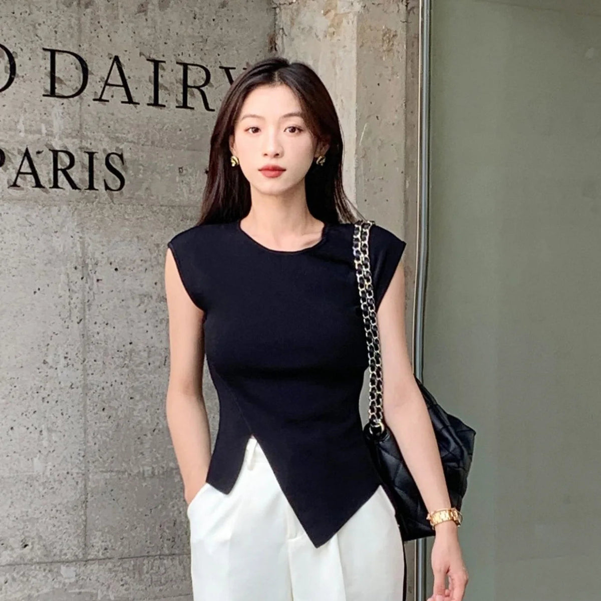 Viscose High Stretch Crew Neck, Slim Fit, Ribbed Women's Top. Asymmetrical Hem, Chic T-Shirt for Office - Casual Knit Blouse Sweet T 52