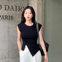 Viscose High Stretch Crew Neck, Slim Fit, Ribbed Women's Top. Asymmetrical Hem, Chic T-Shirt for Office - Casual Knit Blouse Sweet T 52