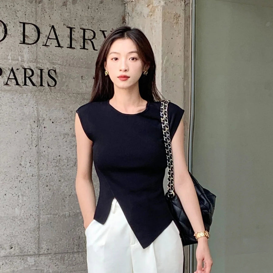 Viscose High Stretch Crew Neck, Slim Fit, Ribbed Women's Top. Asymmetrical Hem, Chic T-Shirt for Office - Casual Knit Blouse Sweet T 52