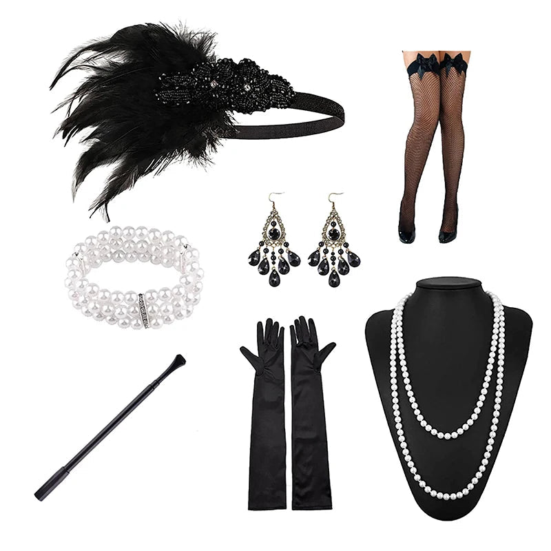 1set 1920's Cosplay Flapper Halloween Charleston Costume 1920s Gatsby Accessories Black Headpiece Great Gatsby Feather Headband Sweet T 52