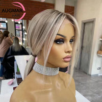 13x4 Short Bob Wig with Highlights, Human Hair. 13x6 HD Lace Frontal Wig, 360 Straight Lace Front Wig for Women