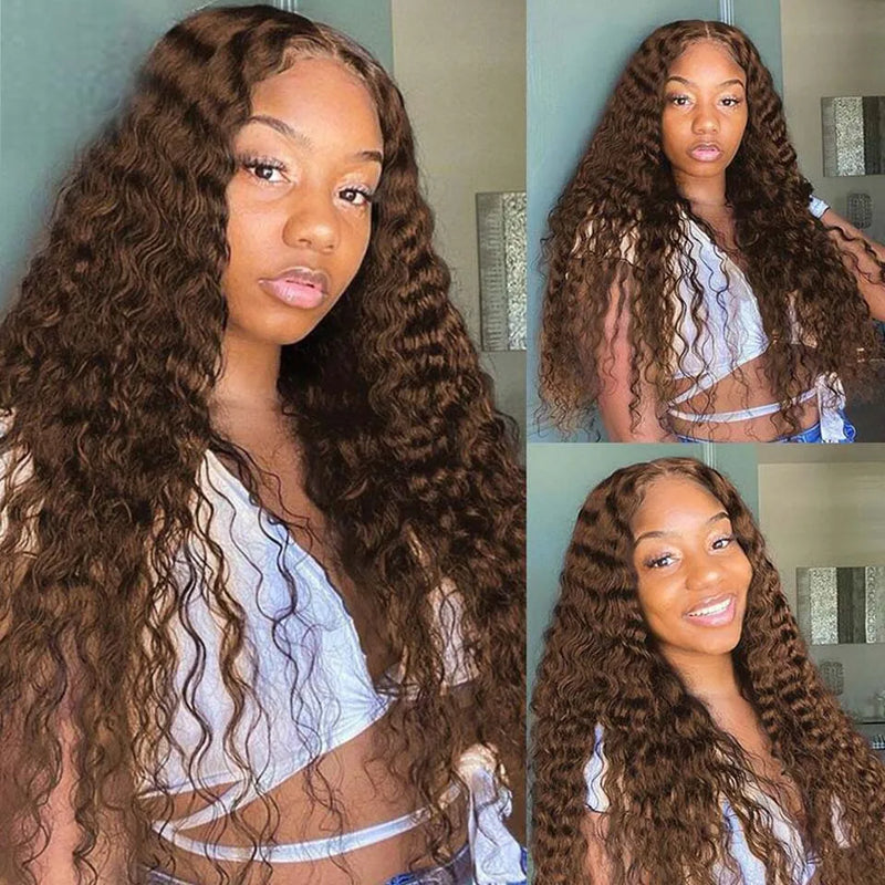 13x4/13x6  Chocolate Brown, Deep Wave, Lace Front Wigs. HD Transparent Lace Front Wigs, Curly Human Hair Wigs