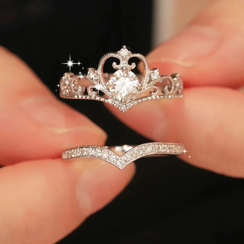 Crystal Crown Ring Set, 2 Pieces, Stainless Steel