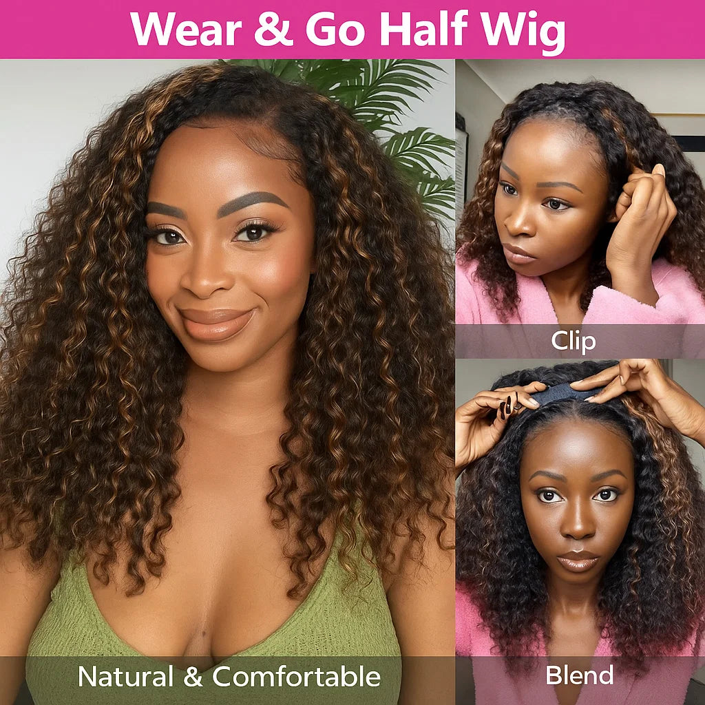 1B/30 Highlight Water Wave Half Wig Human Hair Seamless Flip Over Wig Draw-strings Invisi Ombre Brazilian Remy 3/4 Half Wigs Sweet T 52