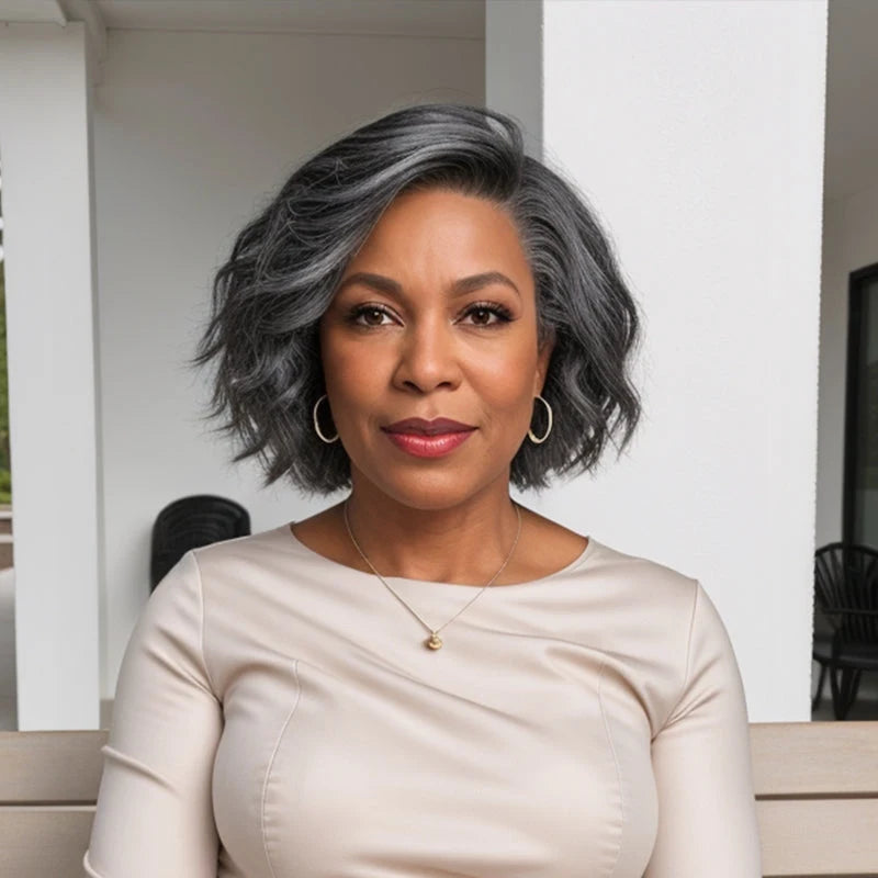 Soft Salt & Pepper Short Body Wave Wig, 5x5 Lace Front Human Hair Wig