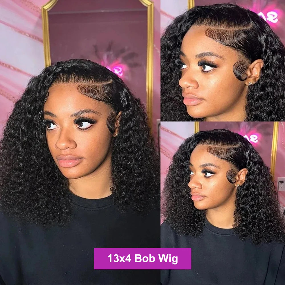 No Glue Deep Wave Lace Frontal Wigs for Women - 13x4/7x5 Glueless Bob Wigs, Curly Human Hair Wigs, 250 Density, Ready to Wear
