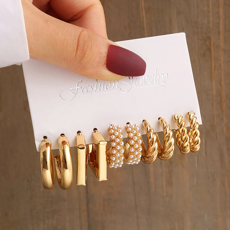 Gold Color Vintage Geometry Pearl Earrings Set Metal Twine Square Dangle Earrings Round for Women Simple Trendy Party Jewelry