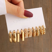 Gold Color Vintage Geometry Pearl Earrings Set Metal Twine Square Dangle Earrings Round for Women Simple Trendy Party Jewelry