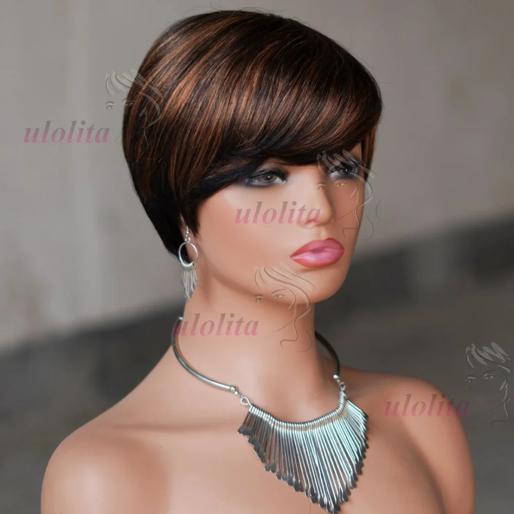 Short Human Hair Wigs - Full Machine Made Wigs, Straight, Highlights, Pixie Cut Wigs with bangs, Human Hair, for Women