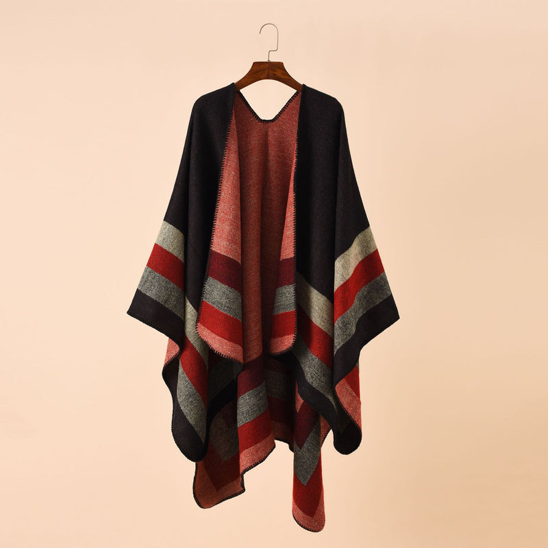 Women's Cashmere Feel Lady Shawl - Classic Striped Vintage Cape - Retro Cardigan/Cloak