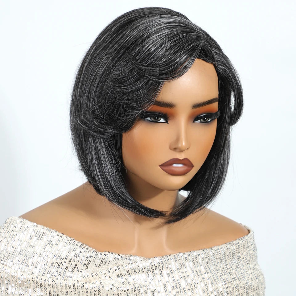 Salt & Pepper Pixie Straight Bob Wig, Wear & Go Dark Grey Glueless 5x1 Lace Wig, 100% Human Hair