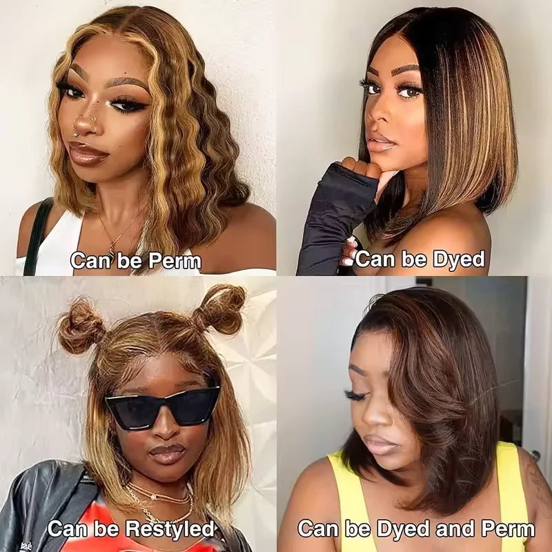 200% Highlight Bob Wig 13x4 Lace Front Wig P4/27 Colored Human Hair Wigs Honey Brown 13x6 Straight Lace Frontal 100%  Remy Wigs Sweet T 52