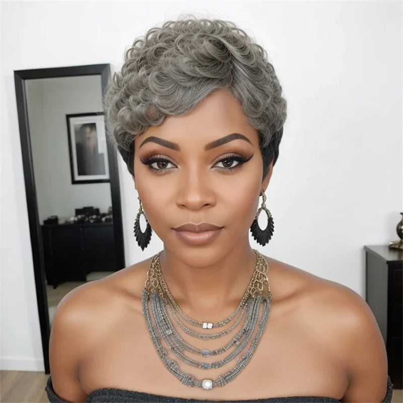 6 Inch Salt & Pepper Pixie Cut Wigs with Natural Wave Bangs, Glueless, Mixed Black and Grey Human Hair Wigs For Women-hair accessories-SWEET T 52