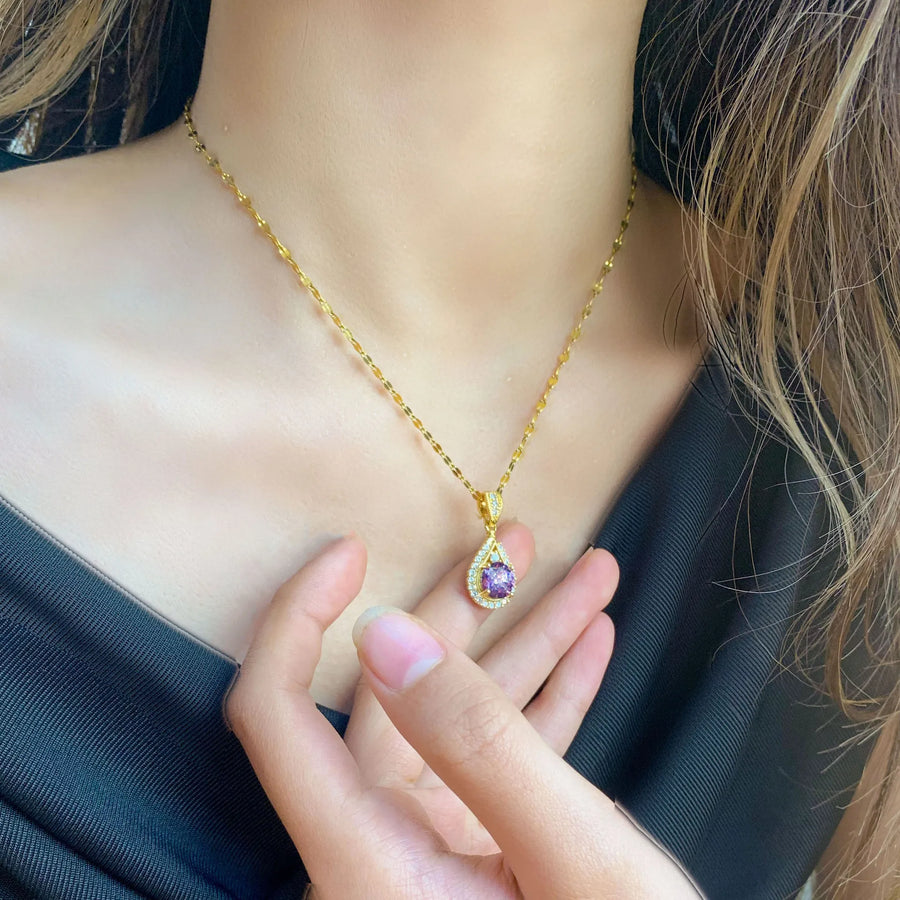 Romantic Vintage Teardrop Necklace for Women, Round Purple Stone Halo Setting - Gold Plated Pendant Necklace