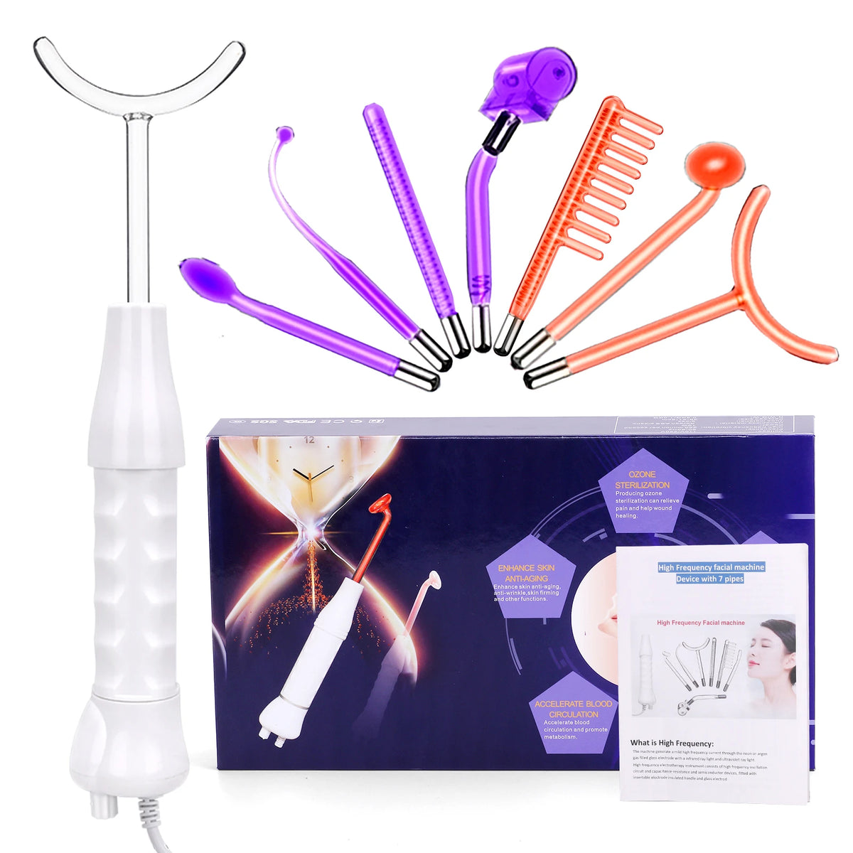 7 in 1 High Frequency Facial Machine Electrotherapy Glass Tube Electrode Wand Beauty Therapy Puffy Acne Spot Wrinkles Remover