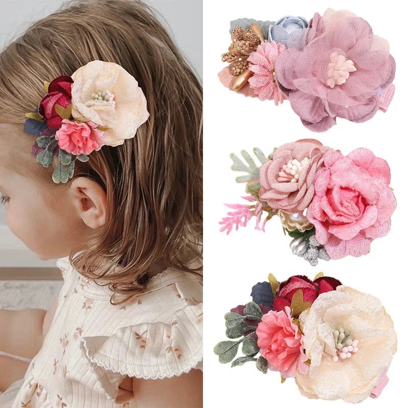 Artificial Flower Hair Clips - Cute Mesh Rose Hairpins with Pearl Barrette Hairgrips for Children, Hair Accessories