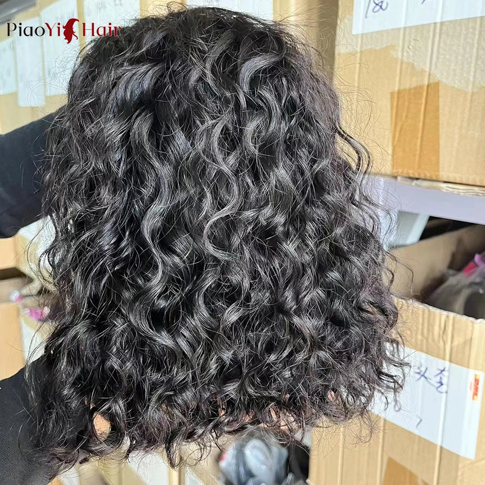 Glueless Wigs - 100% Human Hair Water Wave Bob Wigs, Ready to Wear Curly Wave Human Hair Wigs. 4X4 Swiss Lace Bob