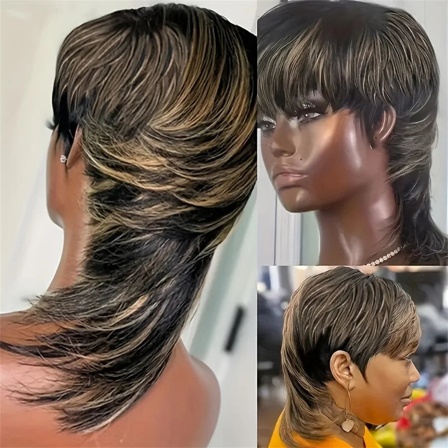 Mullet Wig - 12 Inch Short Straight Layered Highlights, 1b27, for Women. Remy Hair, 150% density, pixie cut human hair wig