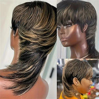 Mullet Wig - 12 Inch Short Straight Layered Highlights, 1b27, for Women. Remy Hair, 150% density, pixie cut human hair wig