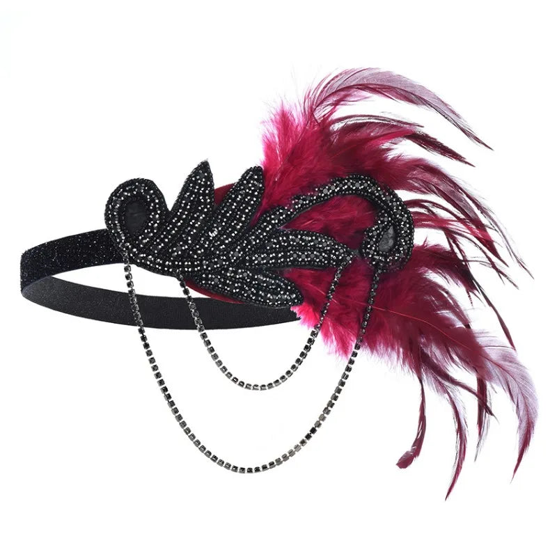 5pcs 1920s Dressed Up Ball Wearing Feather Headband, Gloves, Earrings & Necklace for Female Flapper Girl - Gatsby Accessories for Party