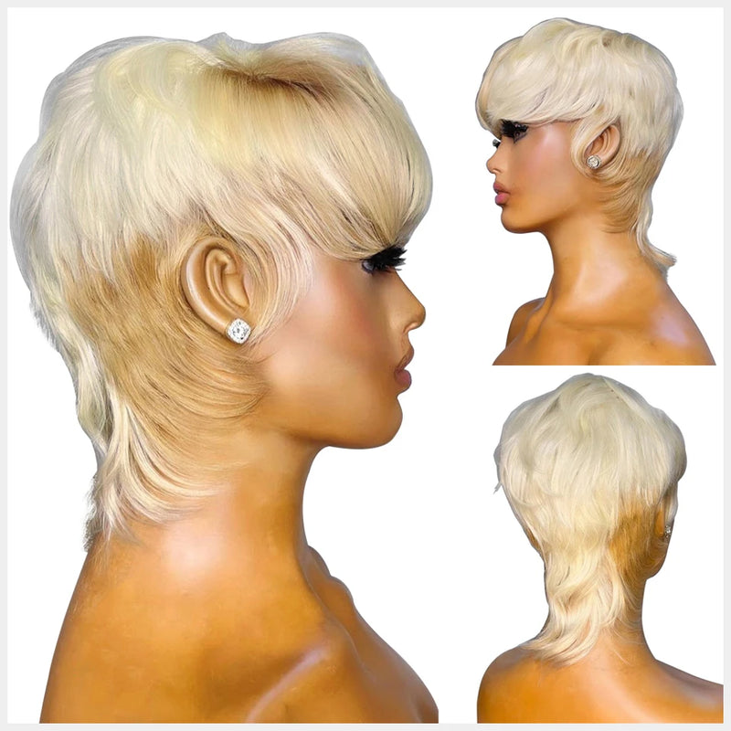 613 Blonde Human Hair Mullet Wig, Brazilian Remy Straight Hair Wig with Bangs for Women & Girls