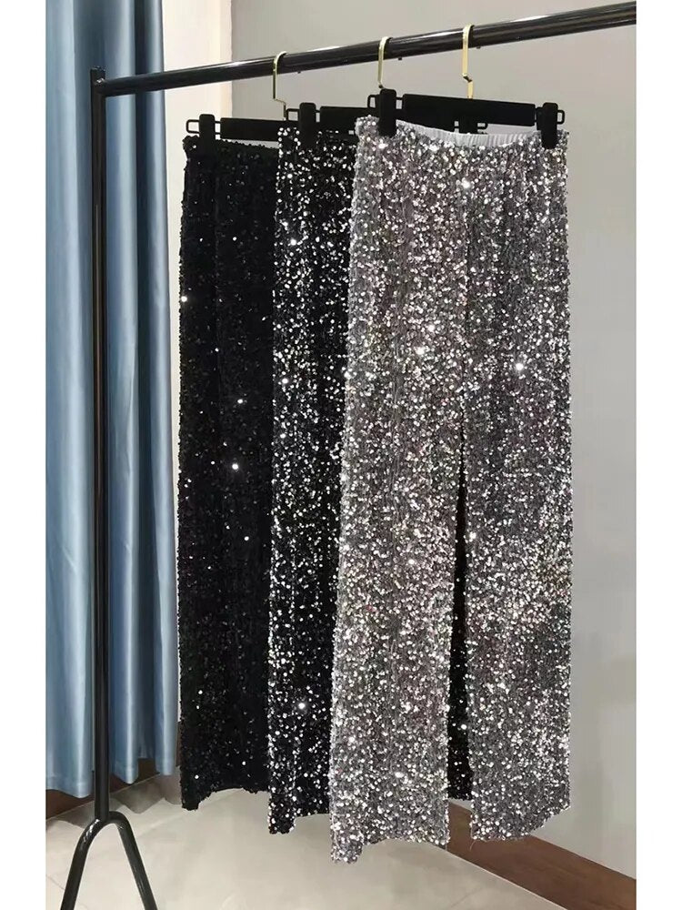 Sequined Wide Leg Trousers - Shiny Full Length Straight Women's Elastic Waist, High Street 2023 Fashions