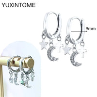 925 Silver Needle Star Hoop Earrings for Women - Five-pointed Star and Moon Pendant Huggie Earrings
