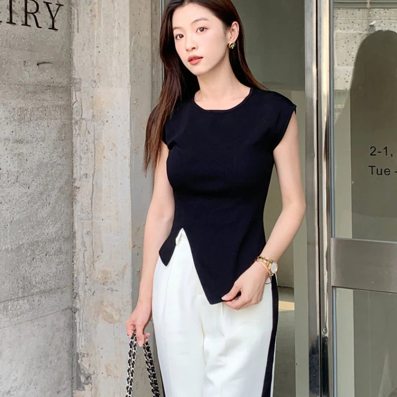 Viscose High Stretch Crew Neck, Slim Fit, Ribbed Women's Top. Asymmetrical Hem, Chic T-Shirt for Office - Casual Knit Blouse Sweet T 52