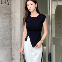 Viscose High Stretch Crew Neck, Slim Fit, Ribbed Women's Top. Asymmetrical Hem, Chic T-Shirt for Office - Casual Knit Blouse Sweet T 52