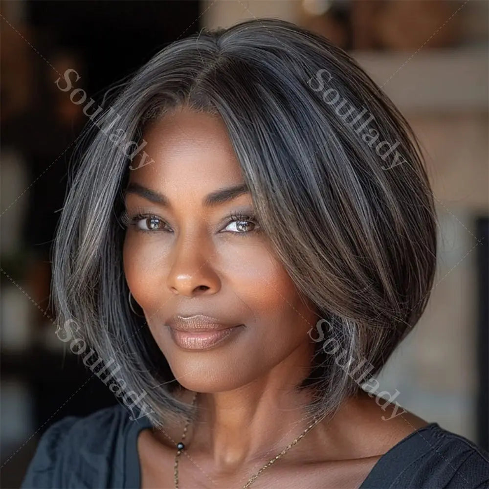 Soul Lady Glueless Ready To Go Salt And Pepper Wigs Straight Bob Real Human Hair Wigs 4x4 Lace Closure Wigs For Older Women Sweet T 52