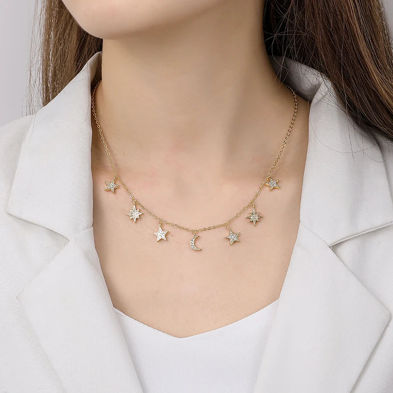 Moon/Star Tassel Zircon Necklace for Women. Choker Personality Fashion Jewelry for Casual Wear.