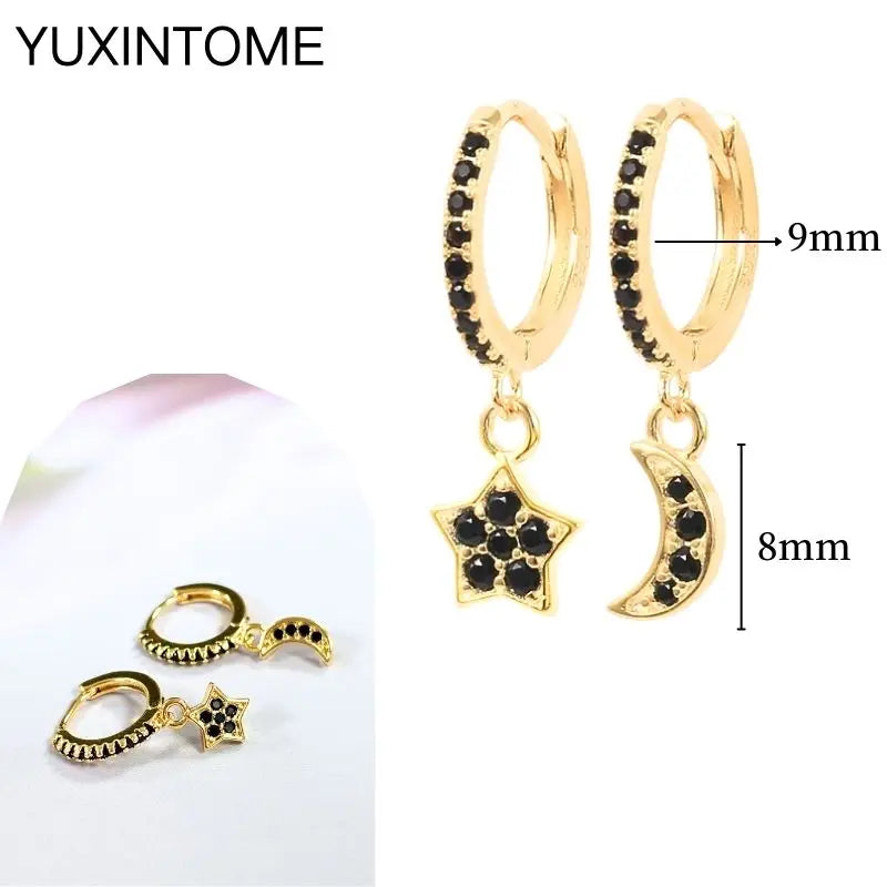 925 Silver Needle Star Hoop Earrings for Women - Five-pointed Star and Moon Pendant Huggie Earrings