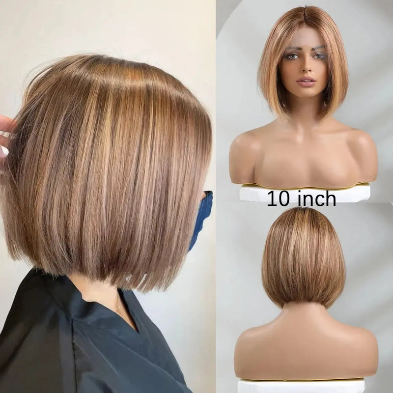 Human Hair 13x1 Lace Front Wig for Women & Girls, Shoulder Length Bob {Straight} with Highlights - Heat Resistant