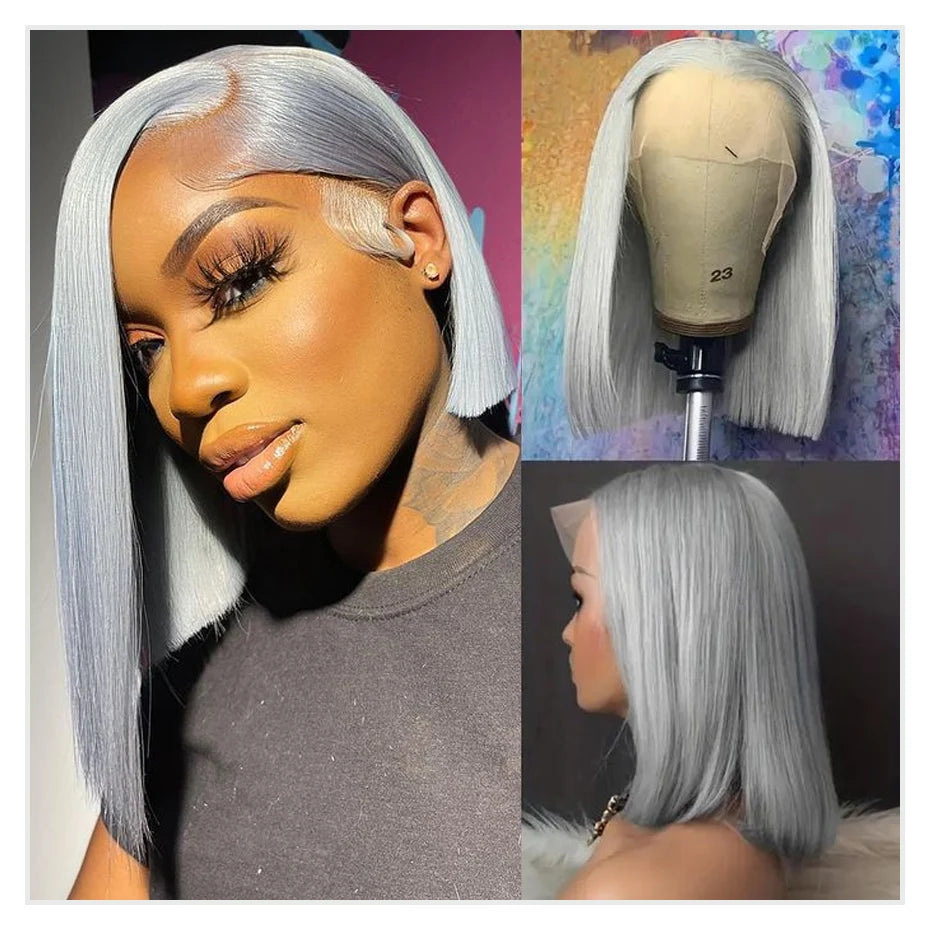 Silver Grey Bob Wig — 13x6 Transparent Lace Frontal, Pre-Plucked, Ships from USA