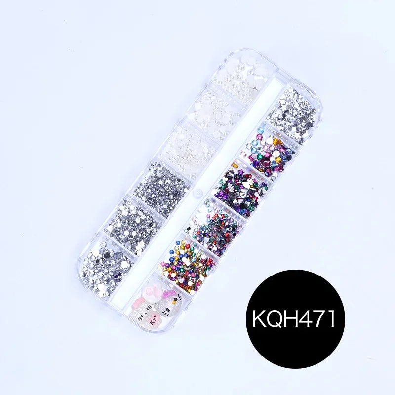 12 Grid/Box 3D Shiny Manicure Accessories, Transparent AB Nail Rhinestones, Colorful Nail Art Kit