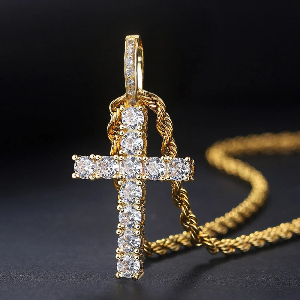 Cubic Zirconia Cross Pendant Necklace on Rope Chain