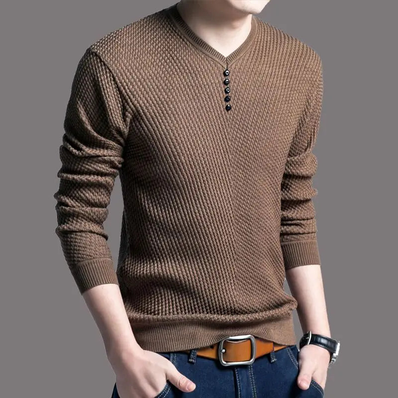 Simple V-neck Panel Button Tee, Slim Fit, Long Sleeve, Oversize Men's Thin Knitted Tee