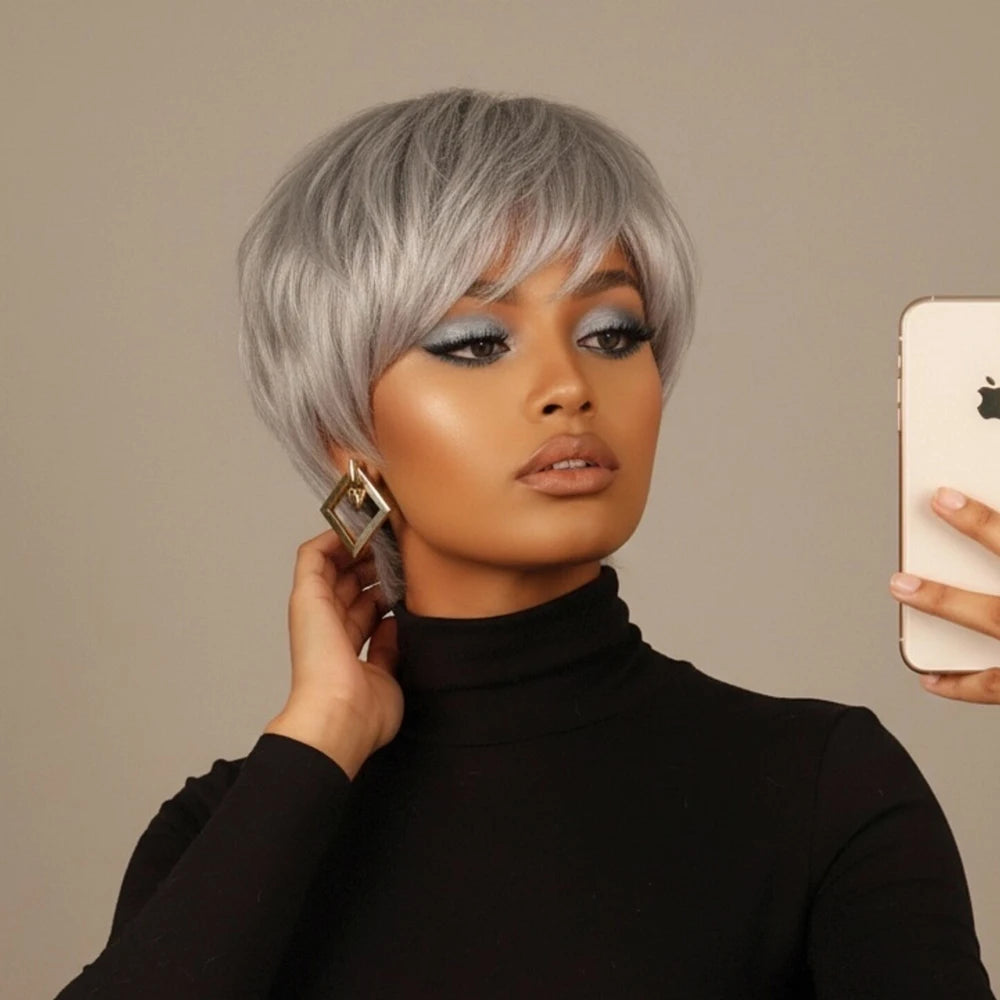 Silvery Grey Short Pixie Cut Wig with Bangs, Layered Straight Machine Made Bob Wig for Women