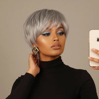 Silvery Grey Short Pixie Cut Wig with Bangs, Layered Straight Machine Made Bob Wig for Women