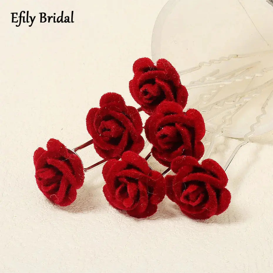 6 pcs/lot Red Rose Wedding/Bridal Hairpins, Flower Hair Accessories for Women, Bridal Headpiece, Floral Hair Pins-hair accessories-SWEET T 52