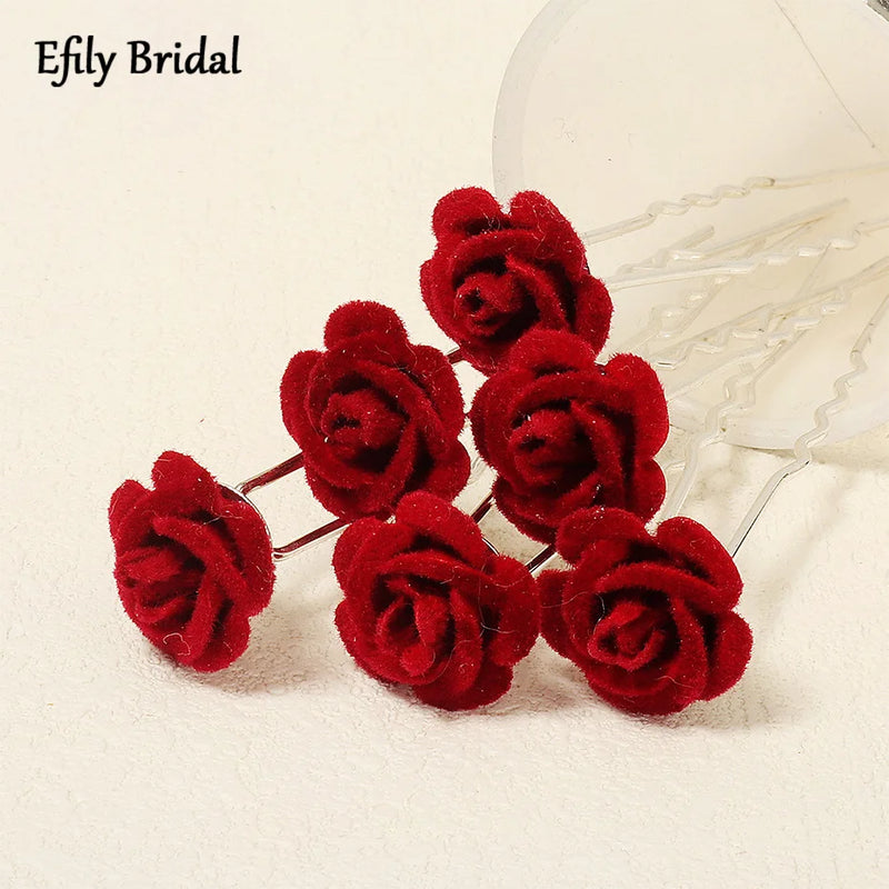 6 pcs/lot Red Rose Wedding/Bridal Hairpins, Flower Hair Accessories for Women, Bridal Headpiece, Floral Hair Pins