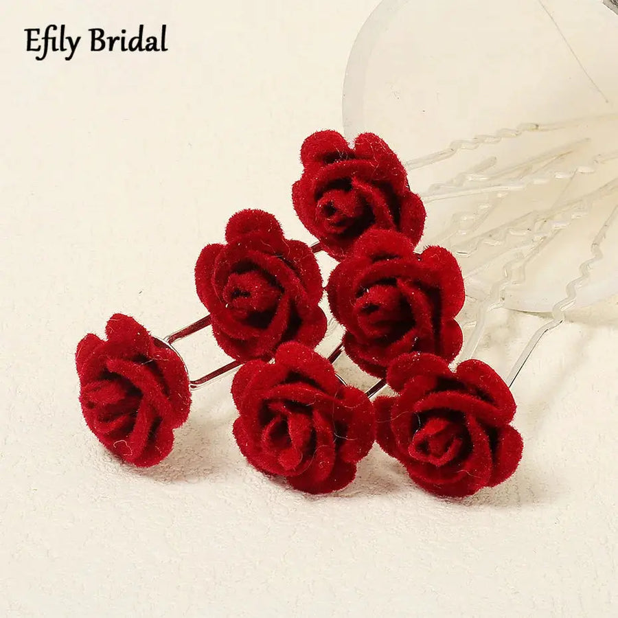 6 pcs/lot Red Rose Wedding/Bridal Hairpins, Flower Hair Accessories for Women, Bridal Headpiece, Floral Hair Pins-hair accessories-SWEET T 52
