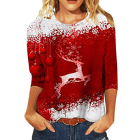 Christmas Limited Edition Women's 3D Red Snowflake Print Round Neck Long Sleeve T-shirt Fashion Casual Long Sleeve Top
