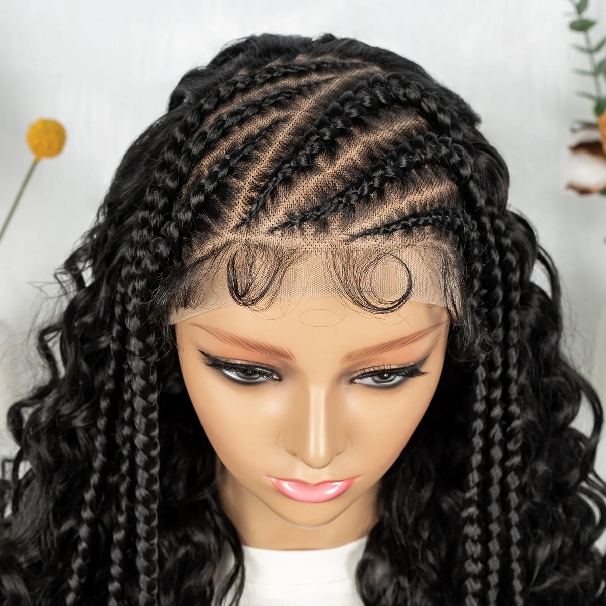 Cornrow Synthetic Braided Wigs 13*6 Lace Front Wig  Knotless Box Braided Wig Partition Design with Curly Hair for African Women Sweet T 52